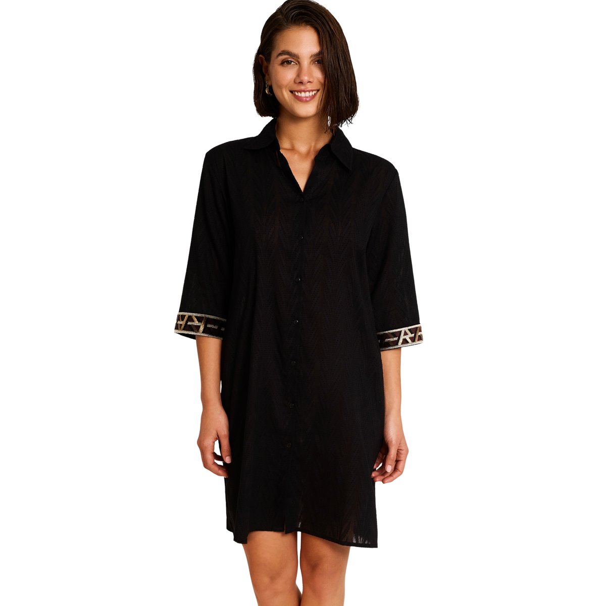 Robe chemise de plage manches mi-longues DUNA noir, SELMARK MARE