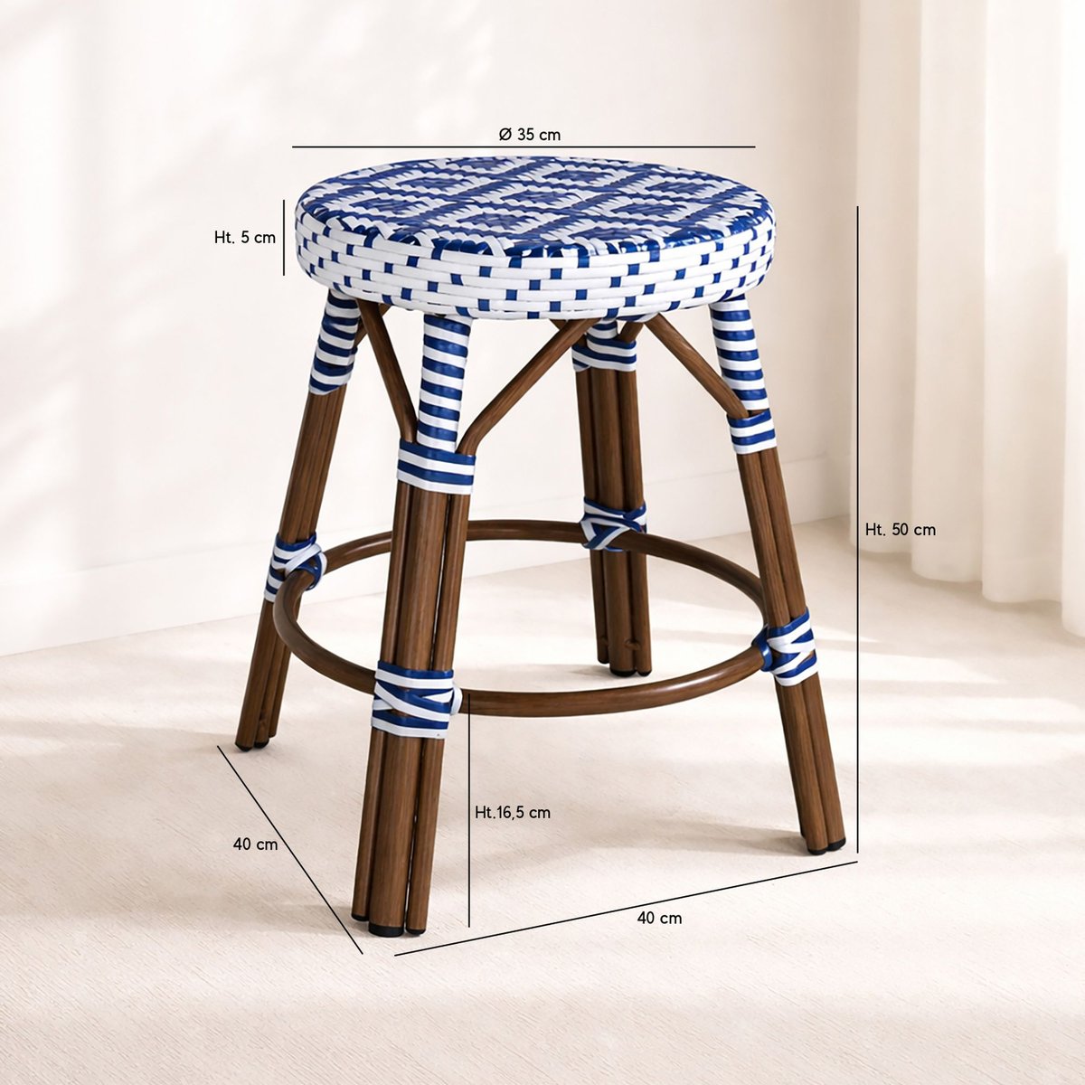 Tabouret bas effet rotin naturel, SCALA bleu, NOW'S HOME