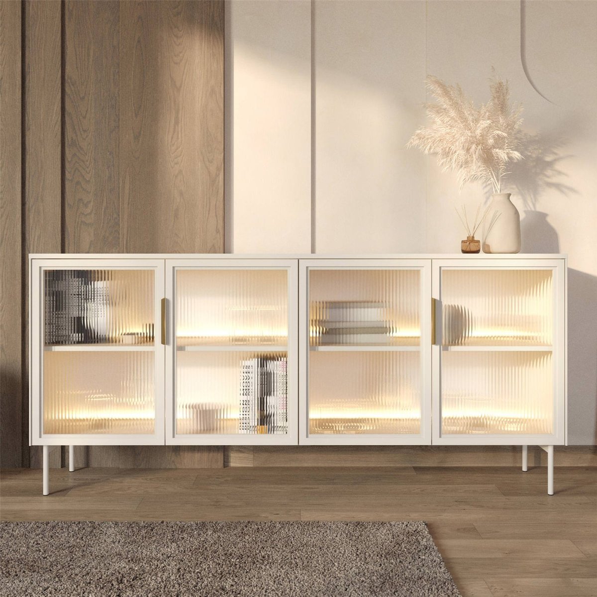 Buffet vitré LUMI 4 portes avec éclairage LED cachemire, RECOLLECTION