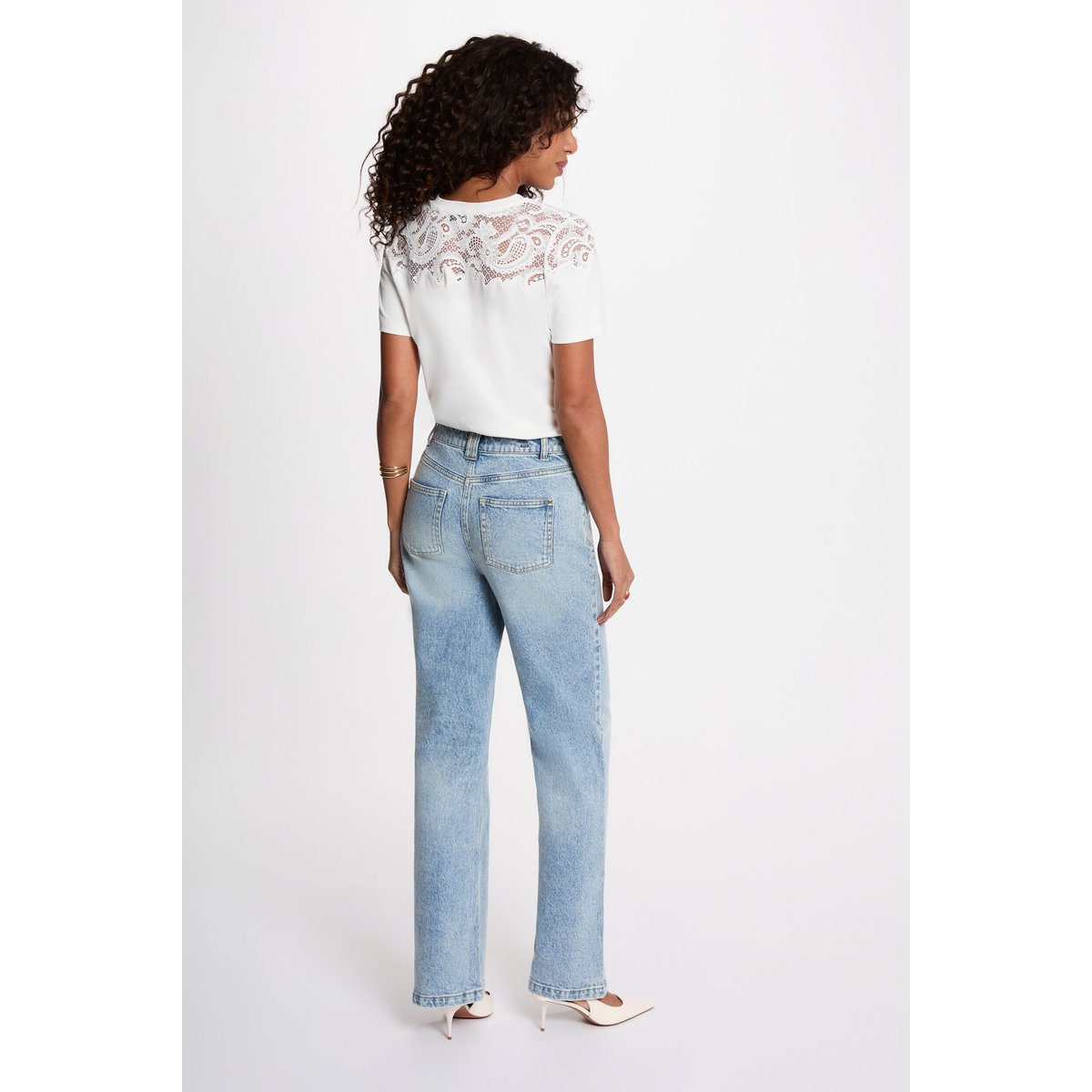 T-shirt dentelle manches courtes blanc, MORGAN