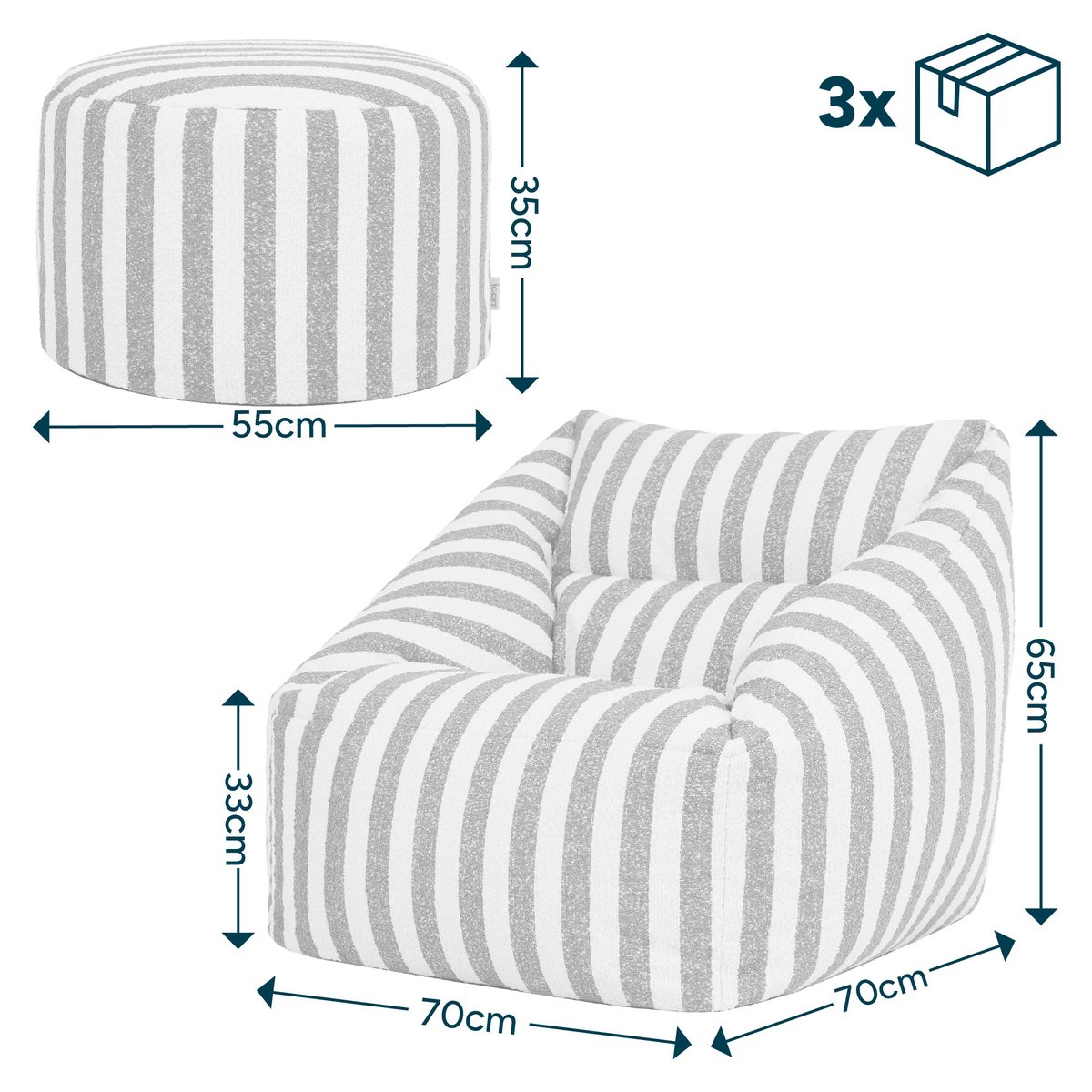 Pouf fauteuil et son repose-pied rond en bouclette rayée Oeko-Tex® - NATALIA vert olive, ICON