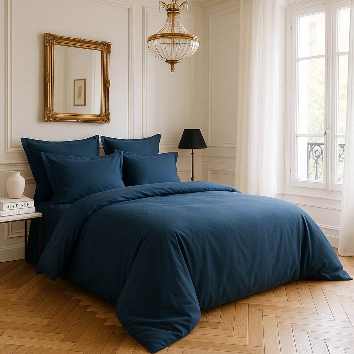 Housse de couette en satin de coton lavé unie, DESIR bleu marine, BATON ROUGE