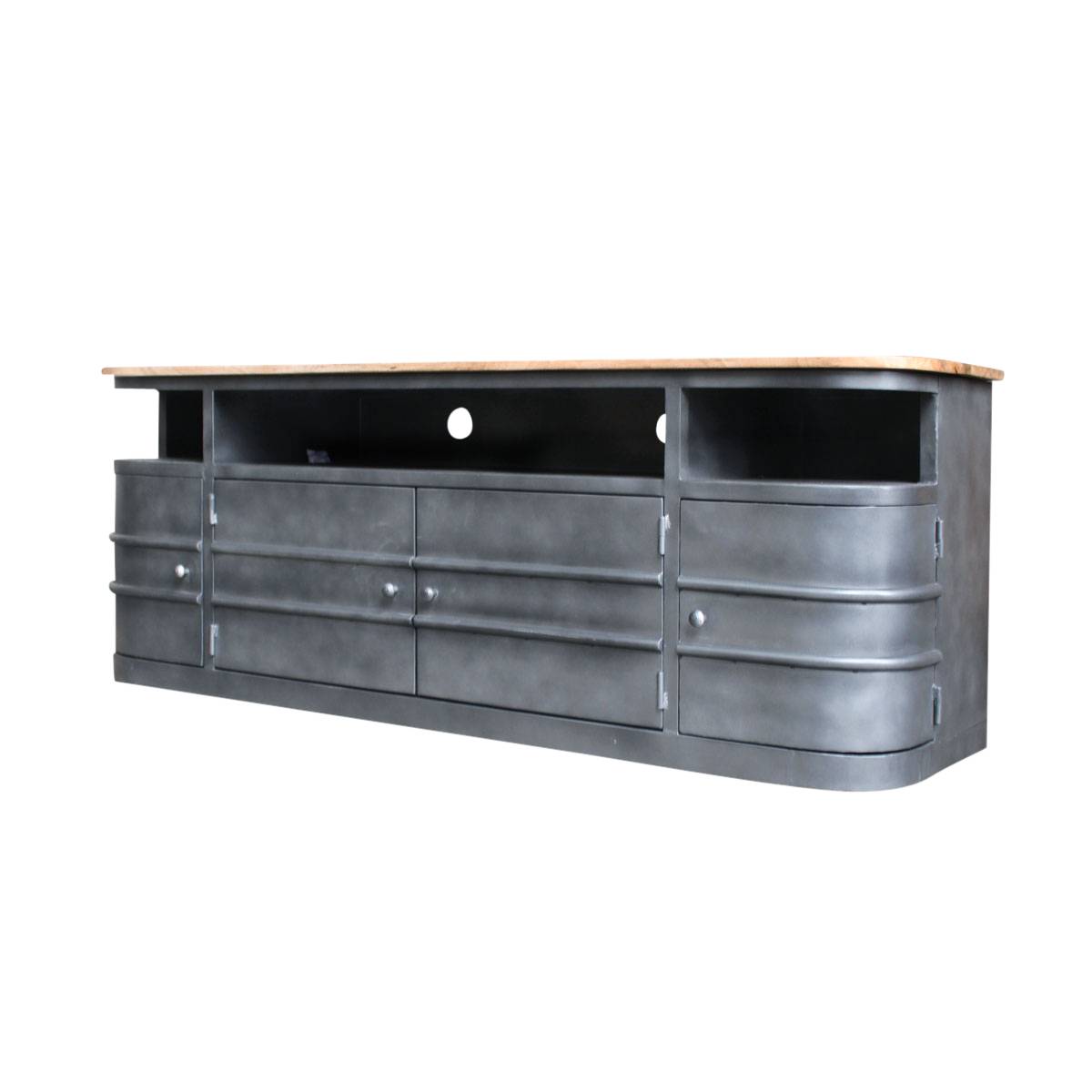 Meuble TV en métal et bois massif LOCKER gris, MADE IN MEUBLES 
