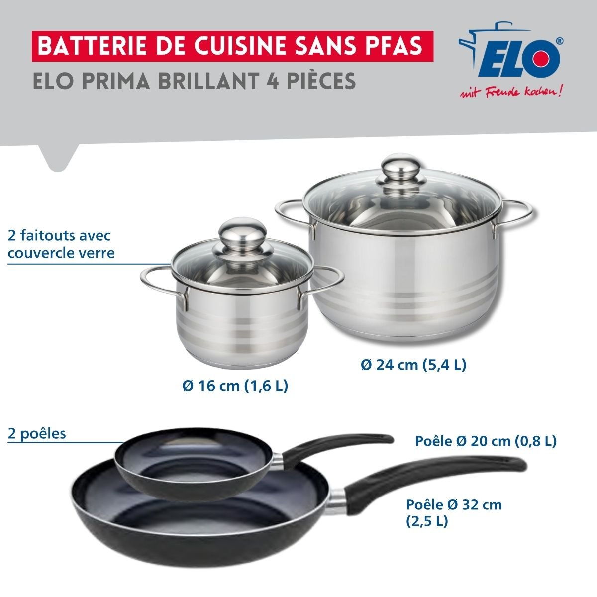 Batterie 2 poêles 20/32cm + 2 faitouts 16/24cm PRIMA BRILLANT noir, ELO