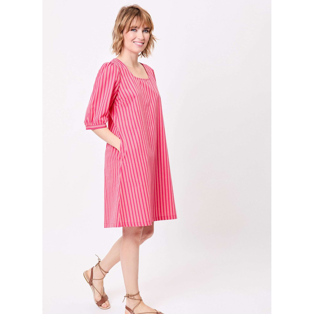 Robe rayures coton bio manches 3/4 ALICK rose stripe, LA FIANCÉE