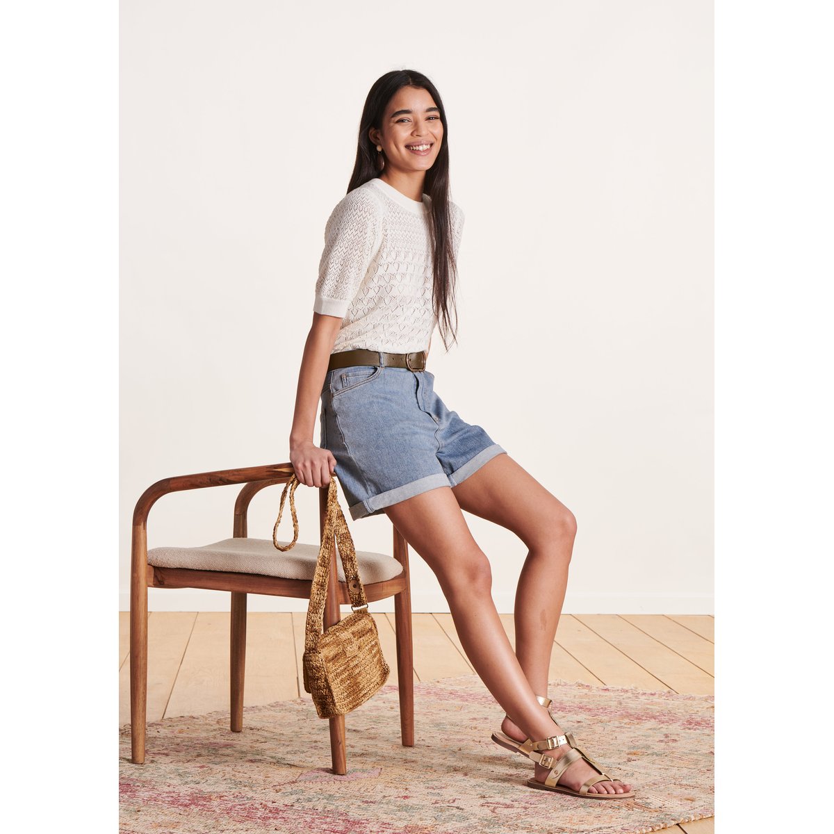 Pull manches courtes en maille pointelle ecru, LA FEE MARABOUTEE