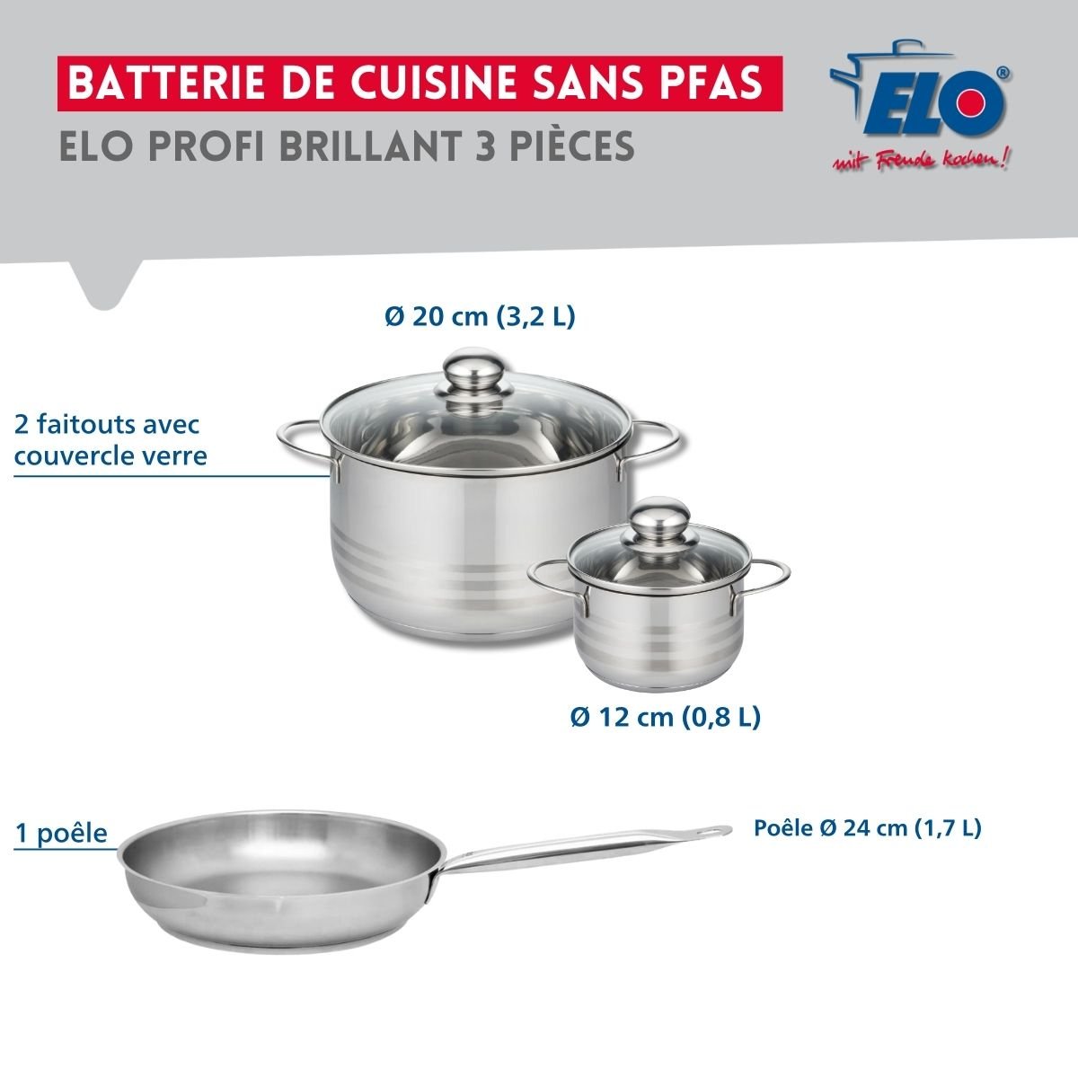Batterie 1 poêle 24cm + 2 faitouts 12/20cm PROFI BRILLANT gris, ELO