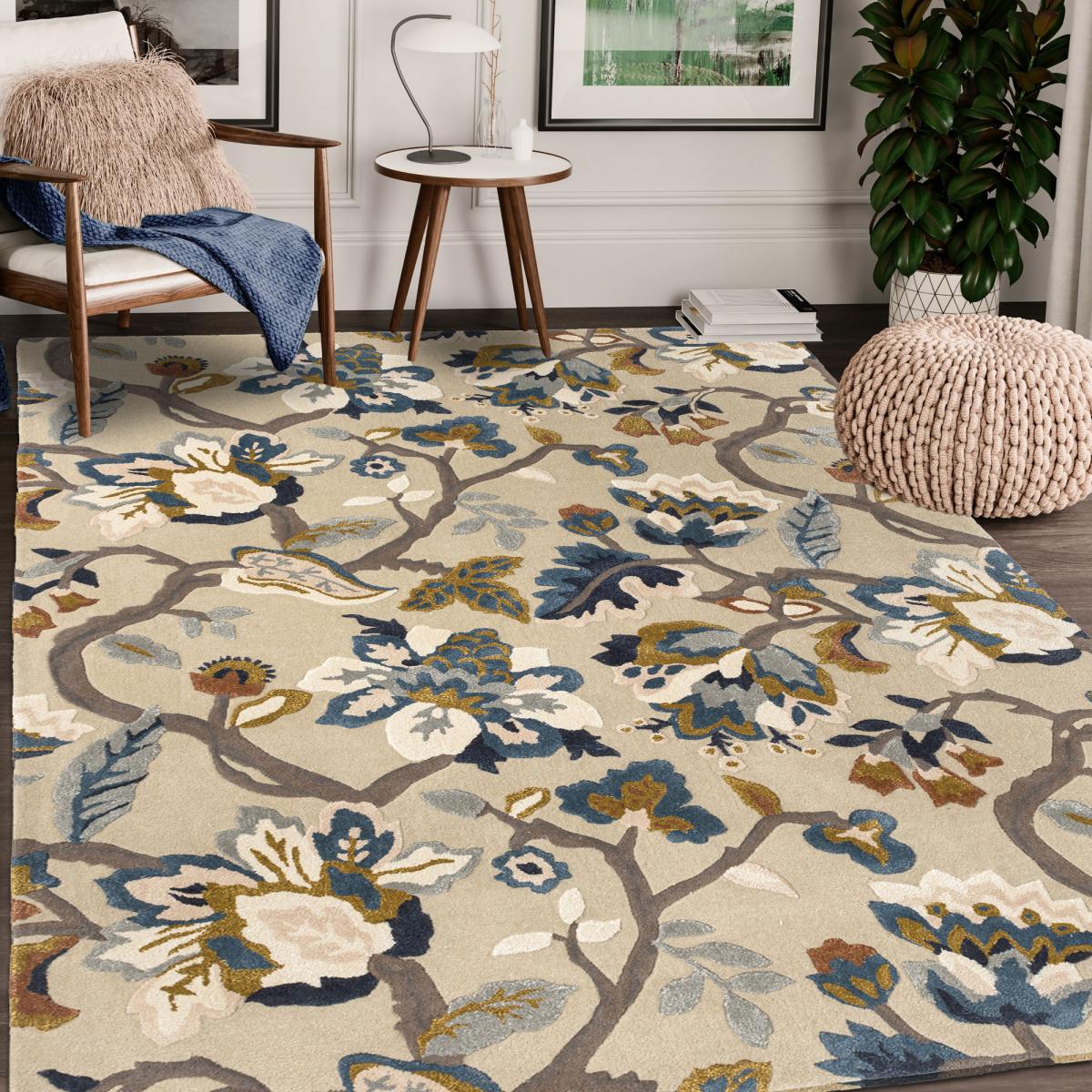 Tapis salon et chambre fait à la main en laine motif floral AMANPIRI beige, bleu, UN AMOUR DE TAPIS
