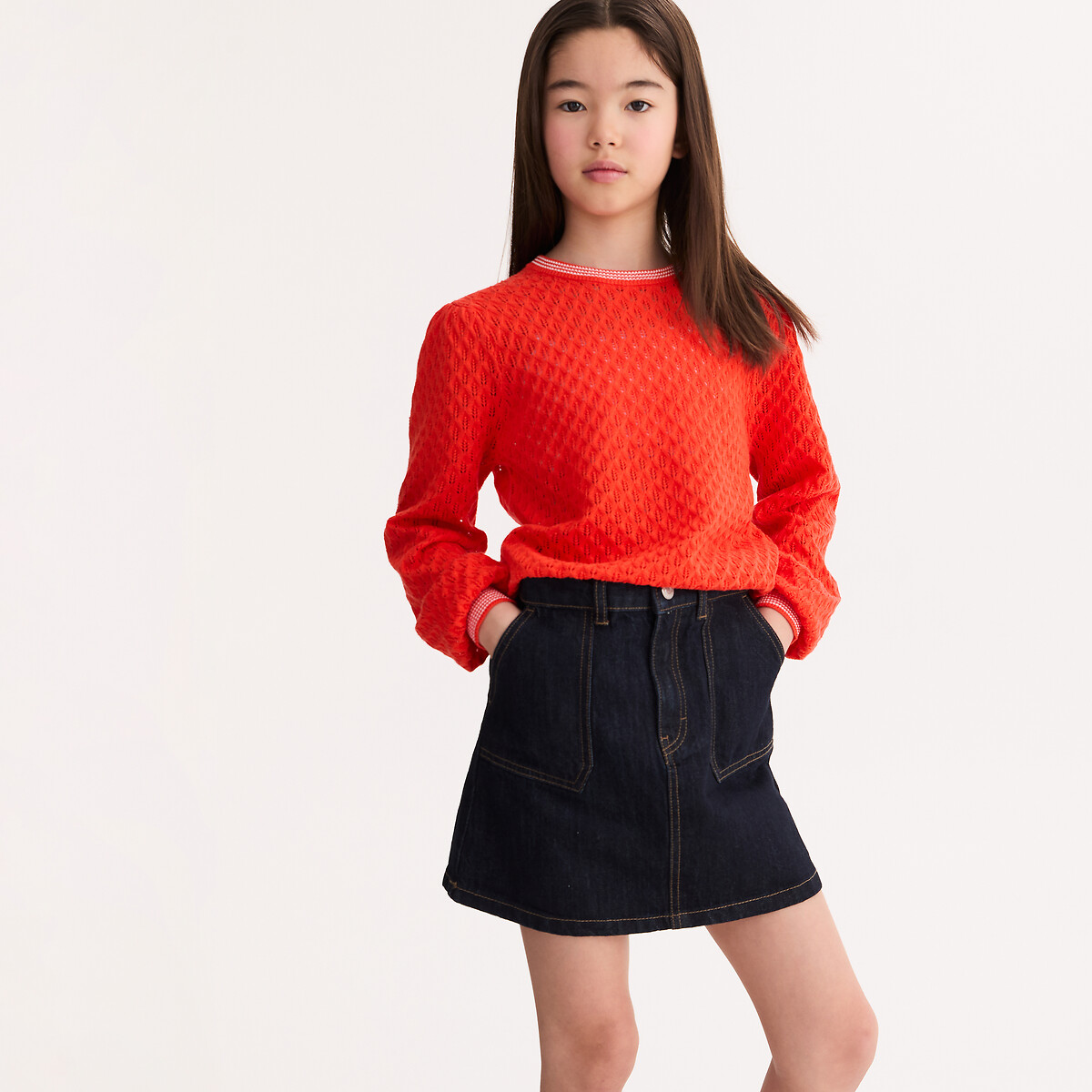 Pull en maille ajouré, col rond rayé rouge, LA REDOUTE COLLECTIONS