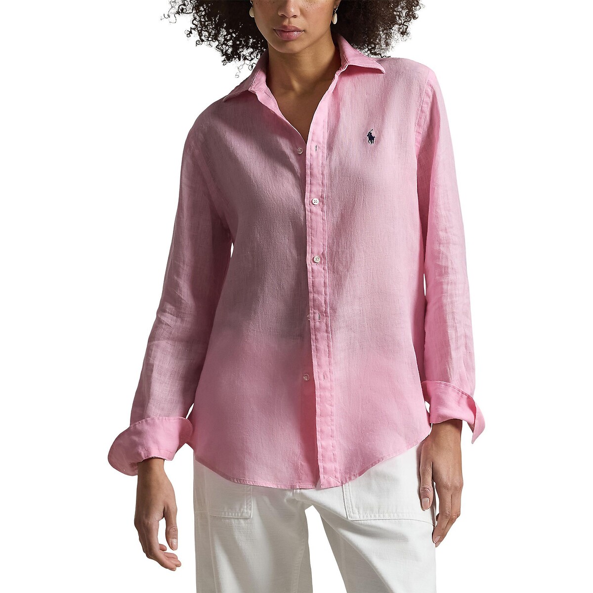 Camisa de lino de manga larga rosa claro, POLO RALPH LAUREN
