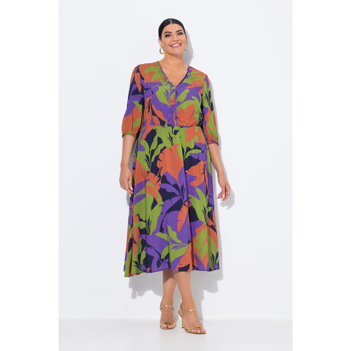 Robe midi coupe évasée, motif feuilles marine, ULLA POPKEN