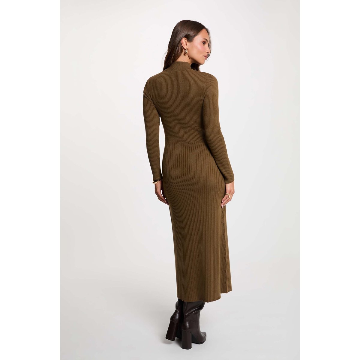 Robe tricot col cheminée vert kaki, MORGAN