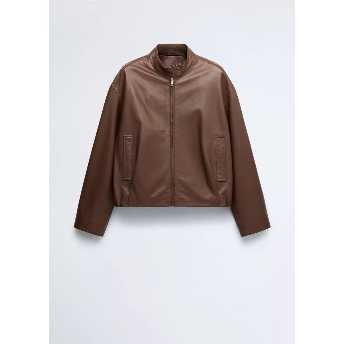 Veste cuir col officier marron, MANGO