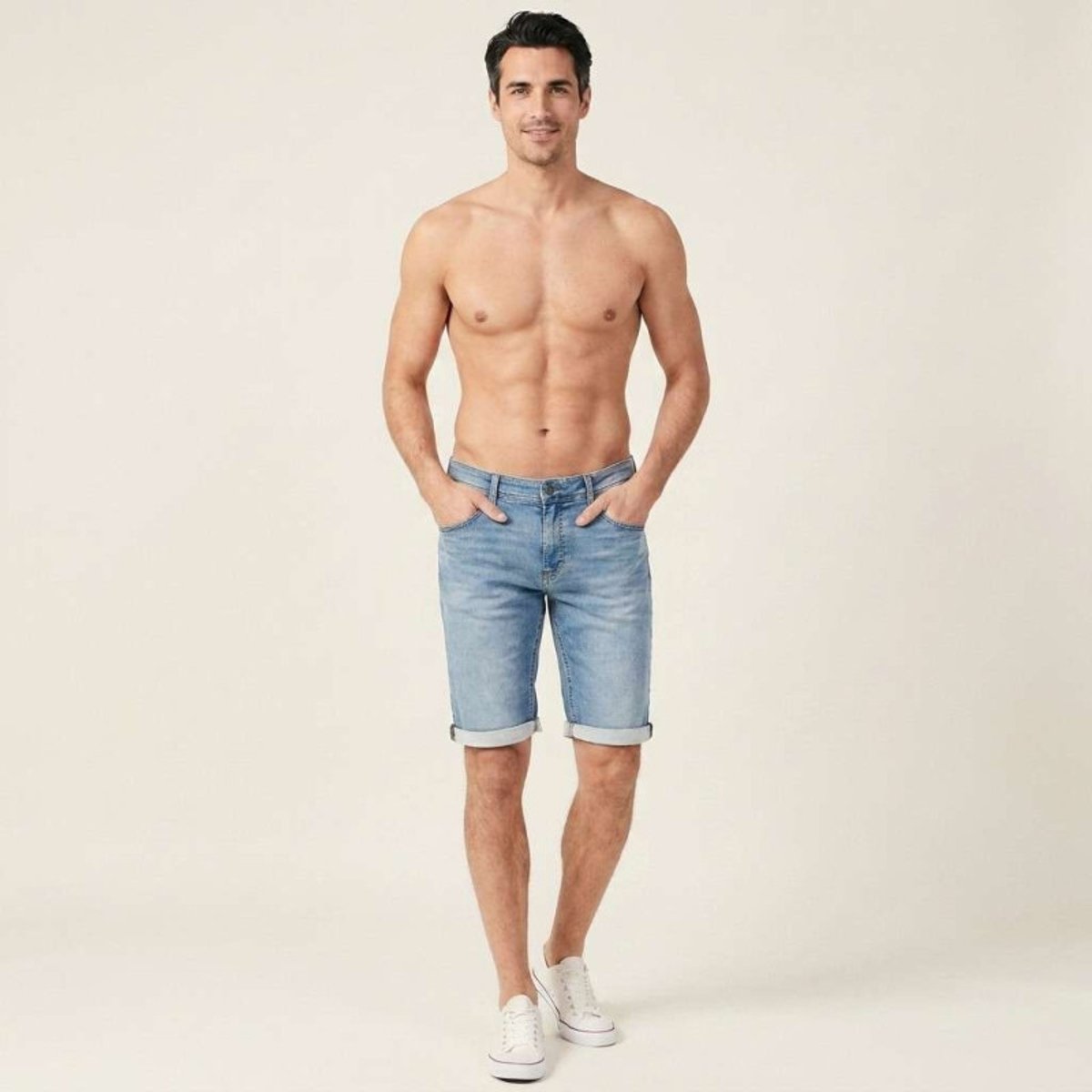 Short en coton bleu délavé avec une coupe droite et à 5 poches bleu, TEDDY SMITH