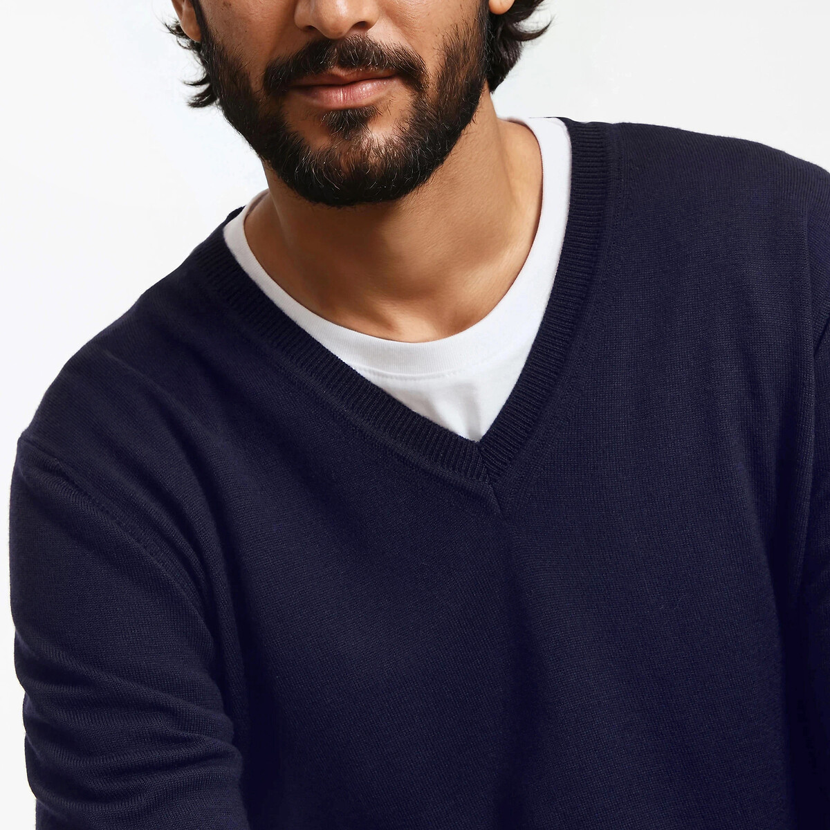 Maglia con scollo a V in lana merinos blu marino, LA REDOUTE COLLECTIONS