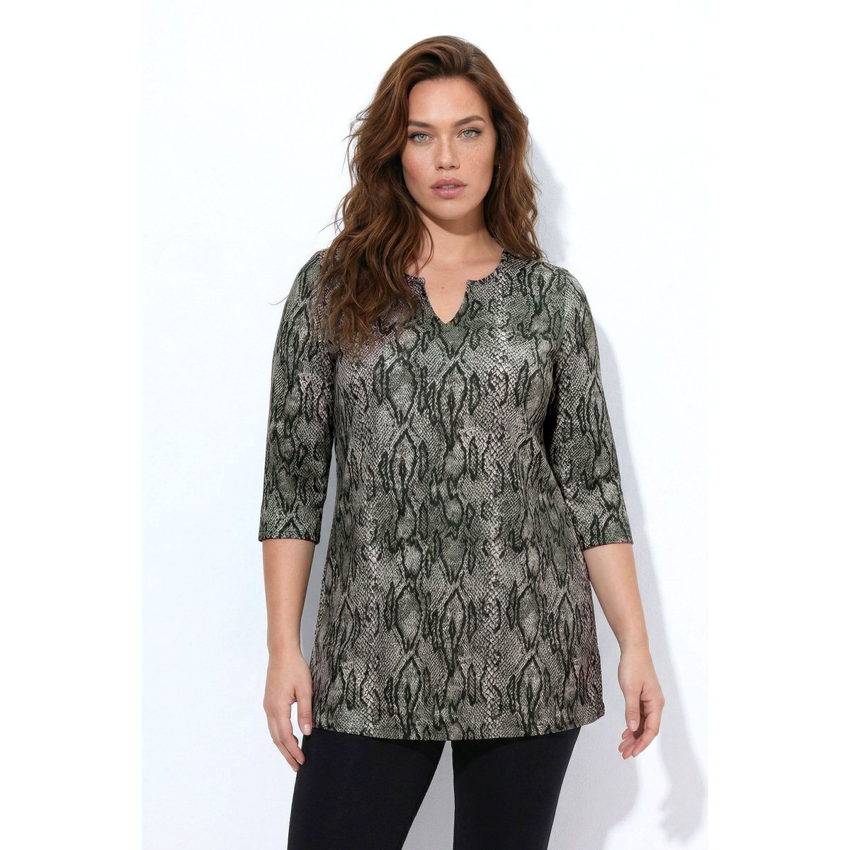 T-shirt long, motif serpents gris olive, ULLA POPKEN