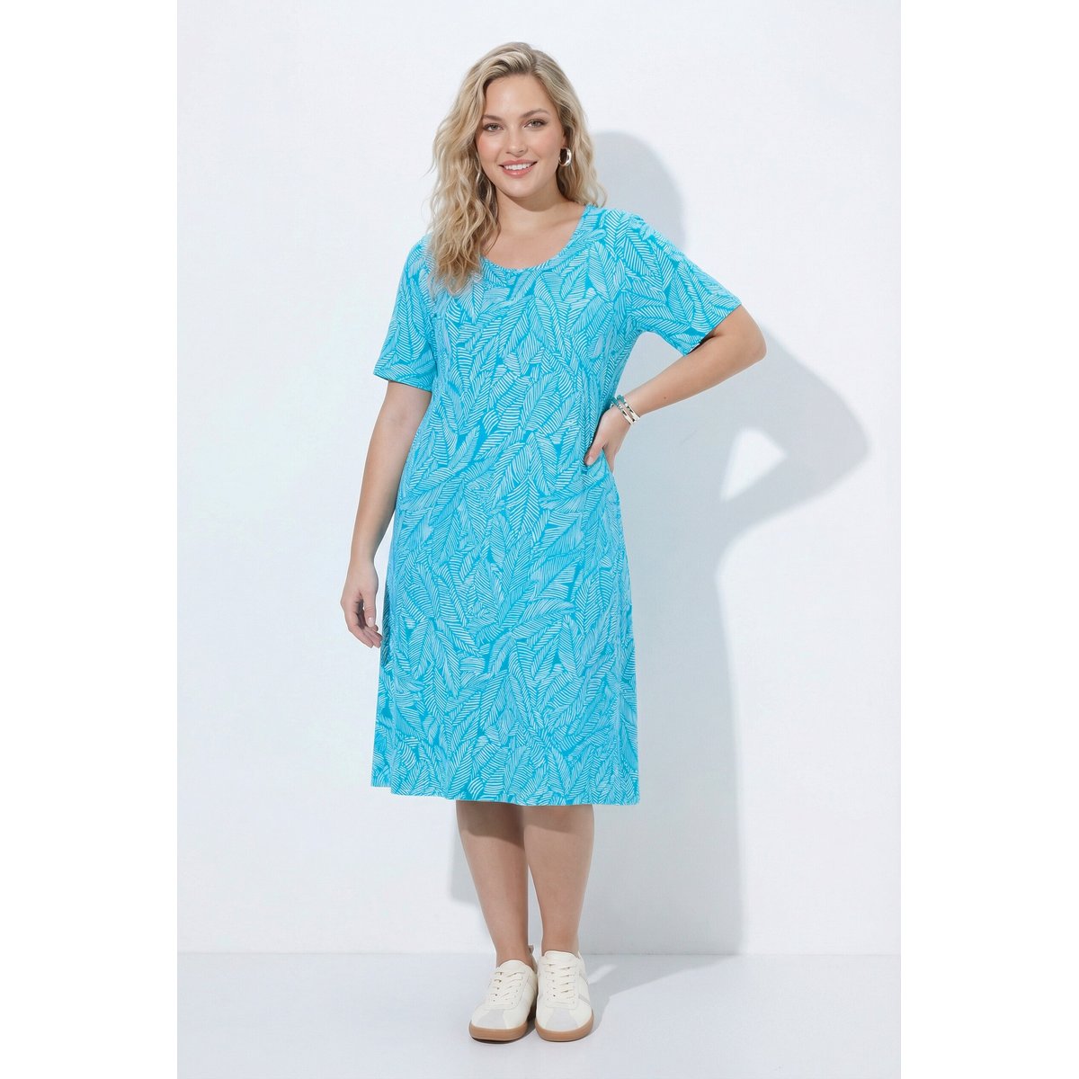 Robe en jersey motif feuilles aqua foncé, ULLA POPKEN