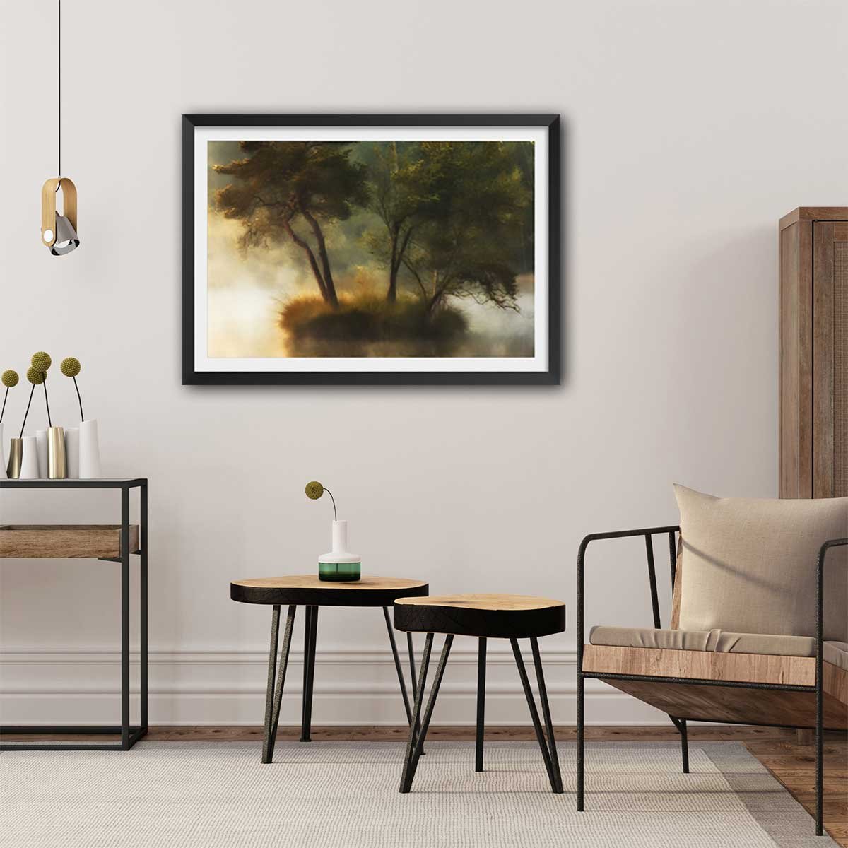 Affiche Ilôt et lac en automne affiche + cadre en bois - noir, HEXOA