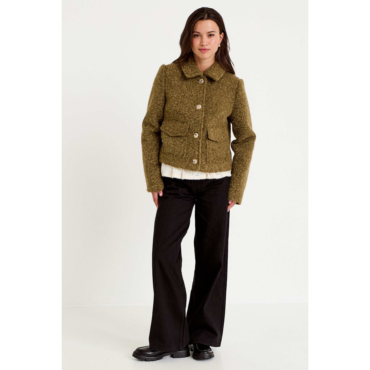 Veste droite bouclette col classique vert kaki, CACHE CACHE