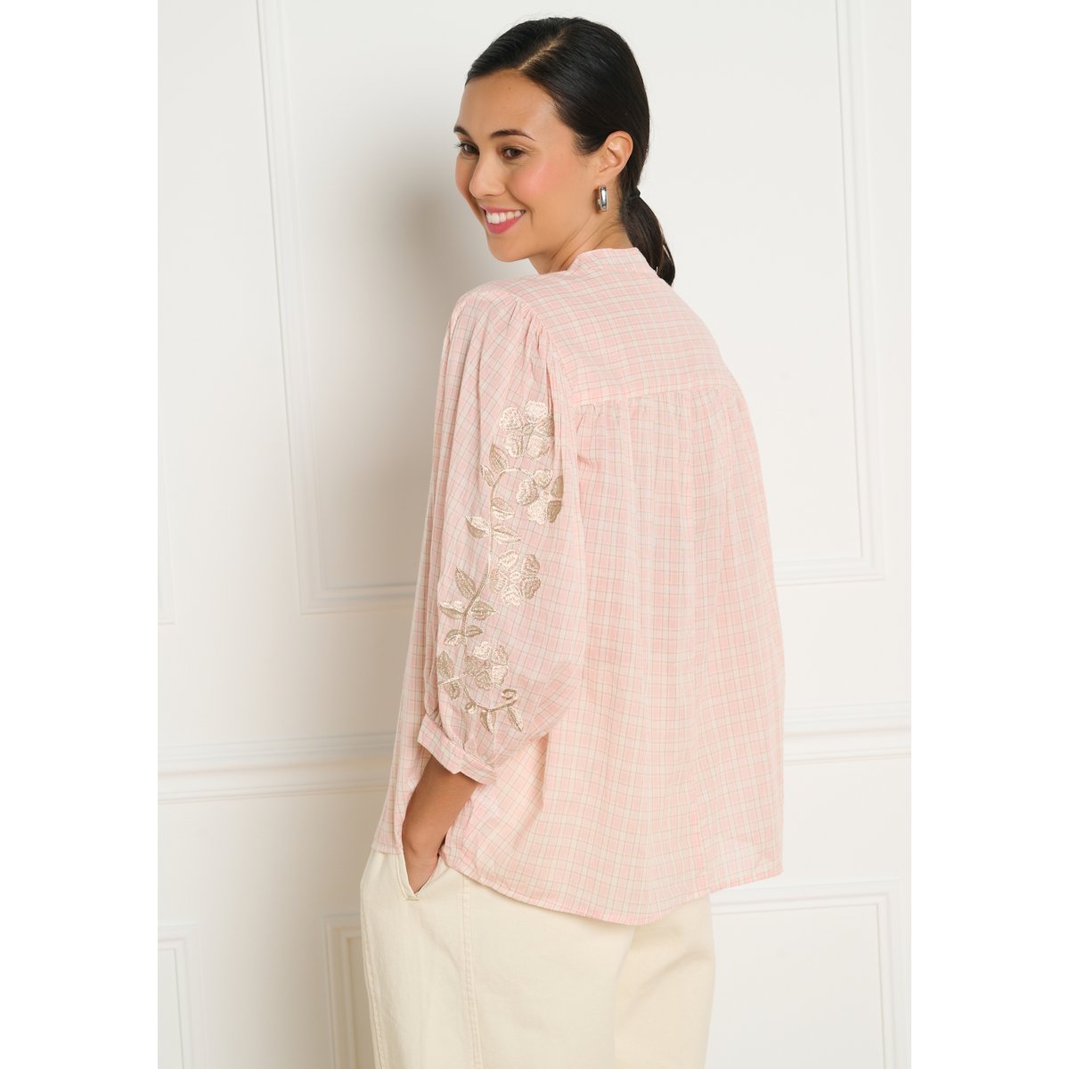 Chemise à carreaux brodée rose clair, LOLALIZA