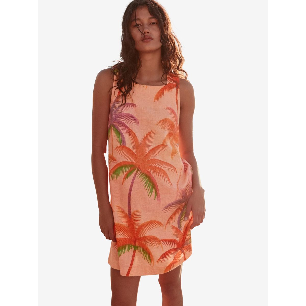 Robe droite courte à encolure carrée en lin imprimé palmier rose corail, NEXT