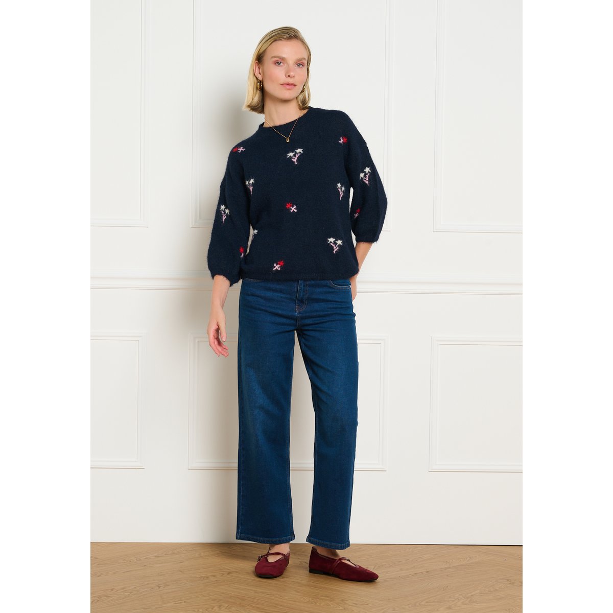 Pull jacquard fleuri bleu marine, LOLALIZA