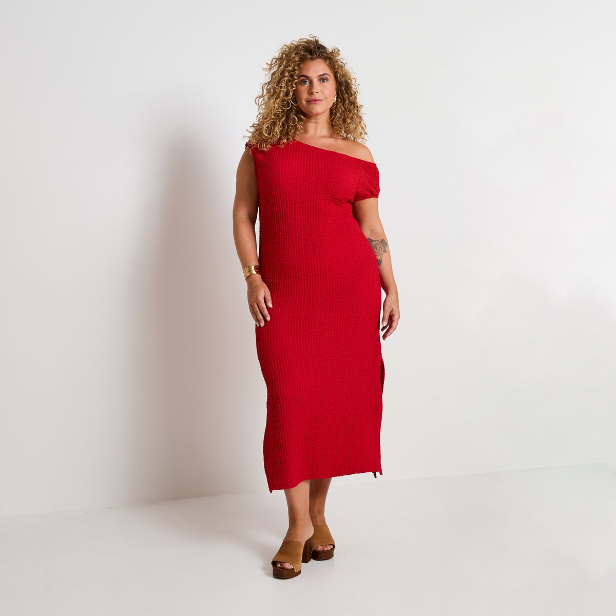 Robe longue en maille gaufrée orange rouge, GRAIN DE MALICE