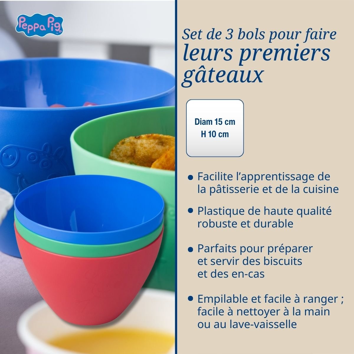 Set de 3 bols pour cuisiner avec les enfants Peppa Pig bleu,vert,rouge, DR OETKER