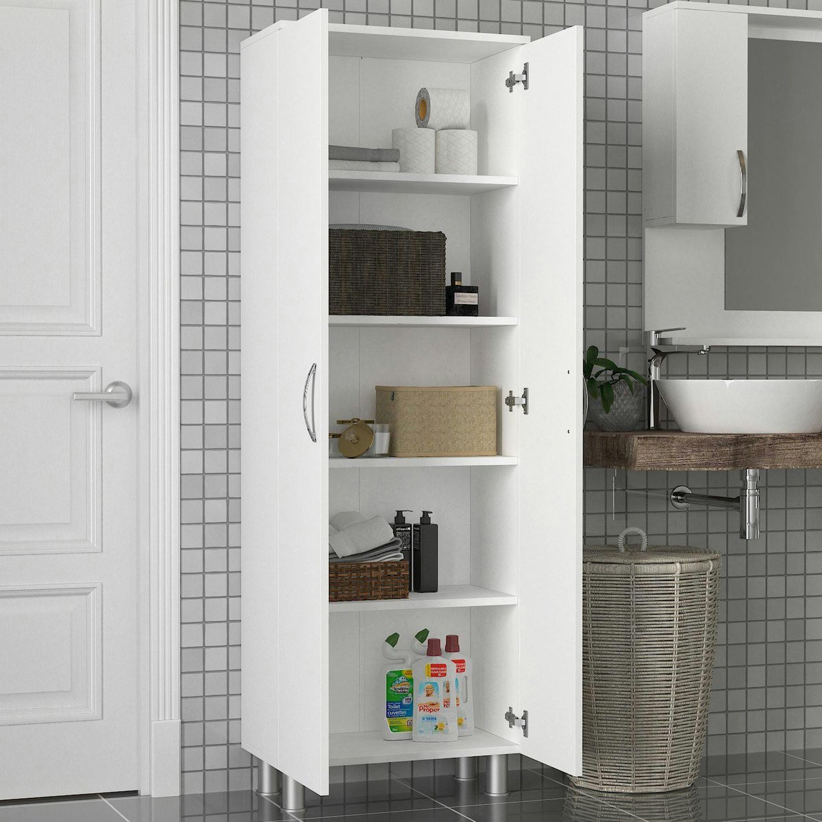 Meuble colonne salle de bains blanc 2 portes H 173, 6 cm JENA blanc, PIER IMPORT
