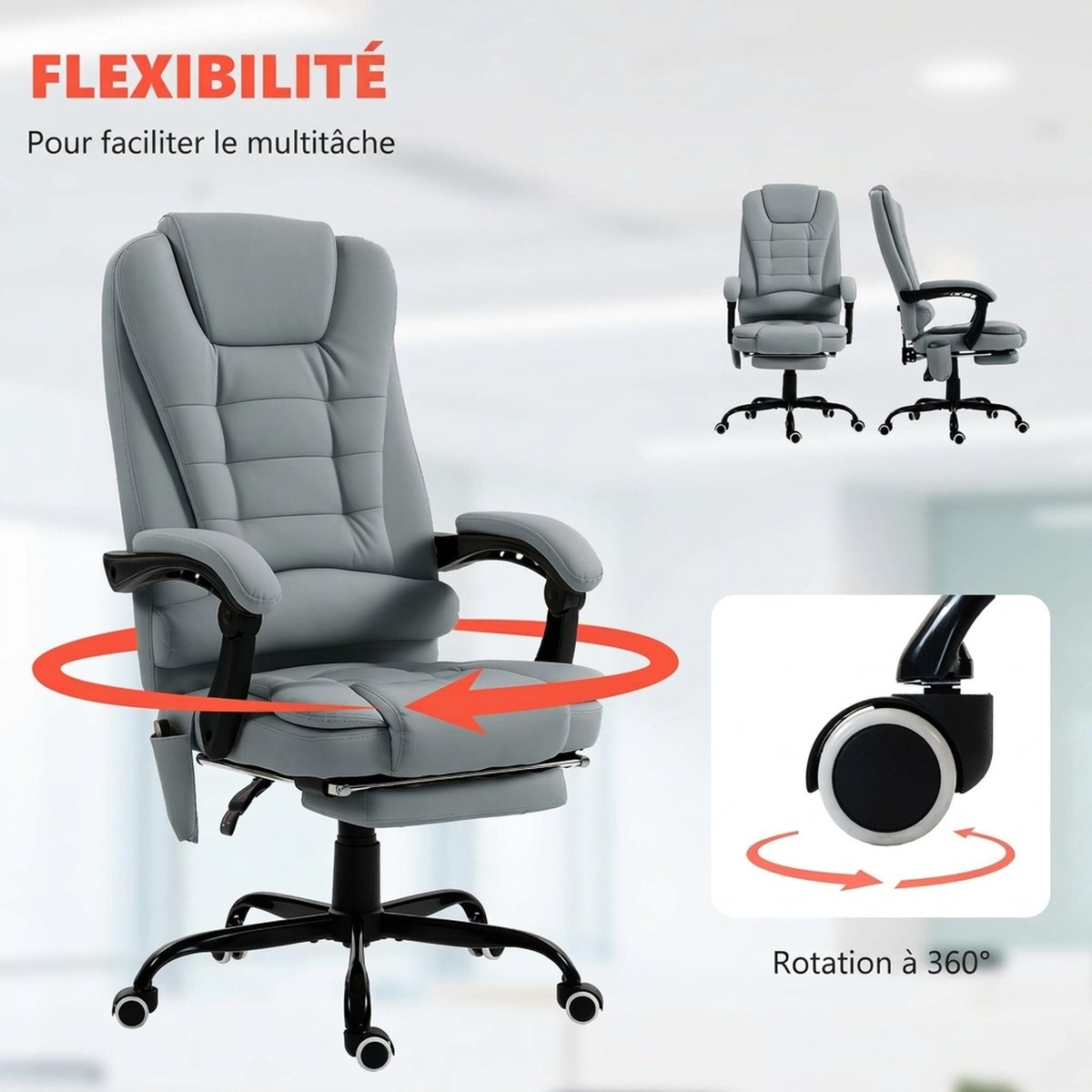 Fauteuil de bureau avec fonction massage gris, HOMCOM