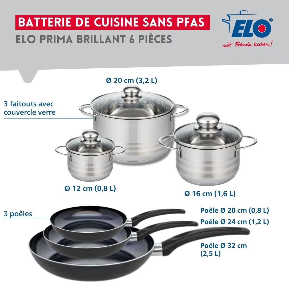 3 poêles 20/24/32cm + 3 faitouts 12/16/20cm PRIMA BRILLANT noir, ELO