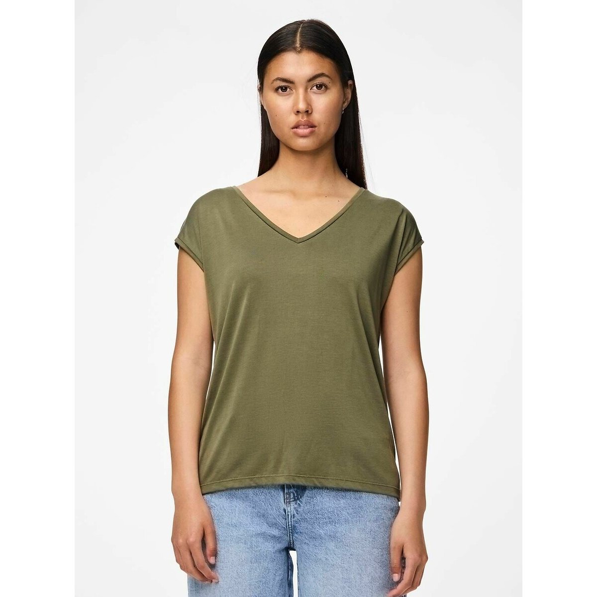 T-shirt, col V kaki, PIECES