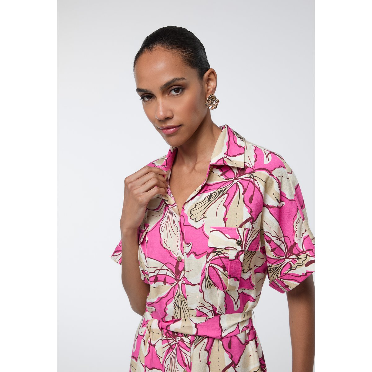Robe imprimé floral boutonnée à ceinture rose, LOLA CASADEMUNT