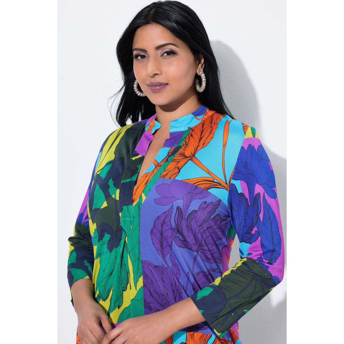 Robe midi au tombé fluide, motif feuilles fuchsia, ULLA POPKEN