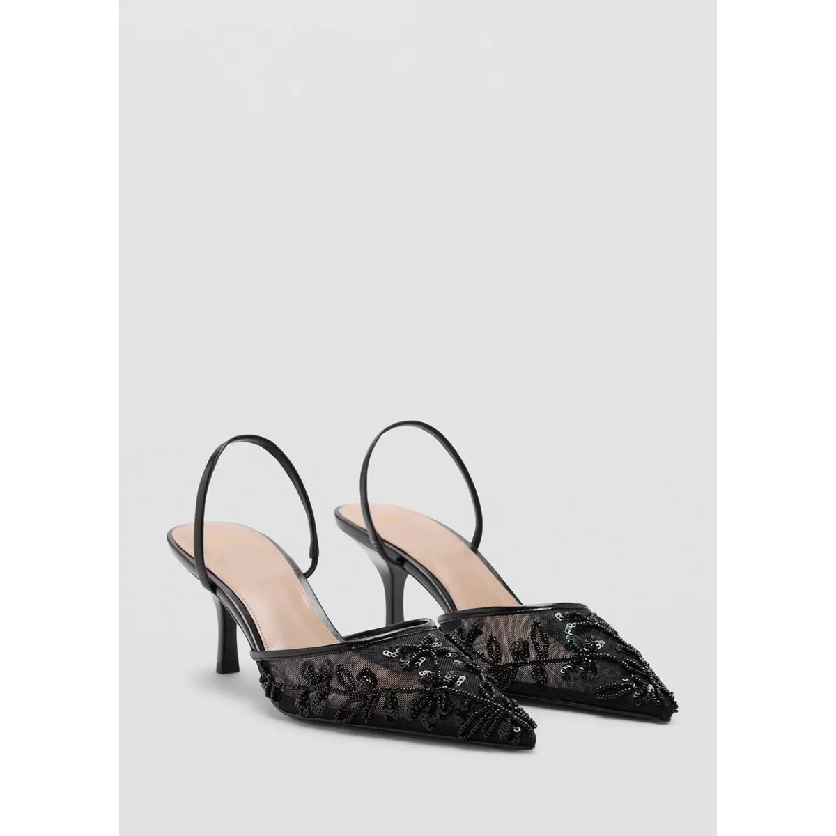 Chaussures talon kitten heel brodées de sequins noir, MANGO