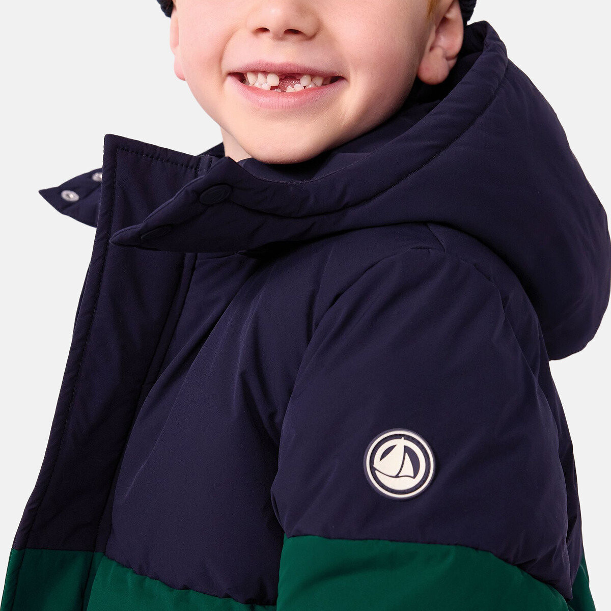 Piumino per bambini a tinta unita con effetto color block blu marine/verde, PETIT BATEAU