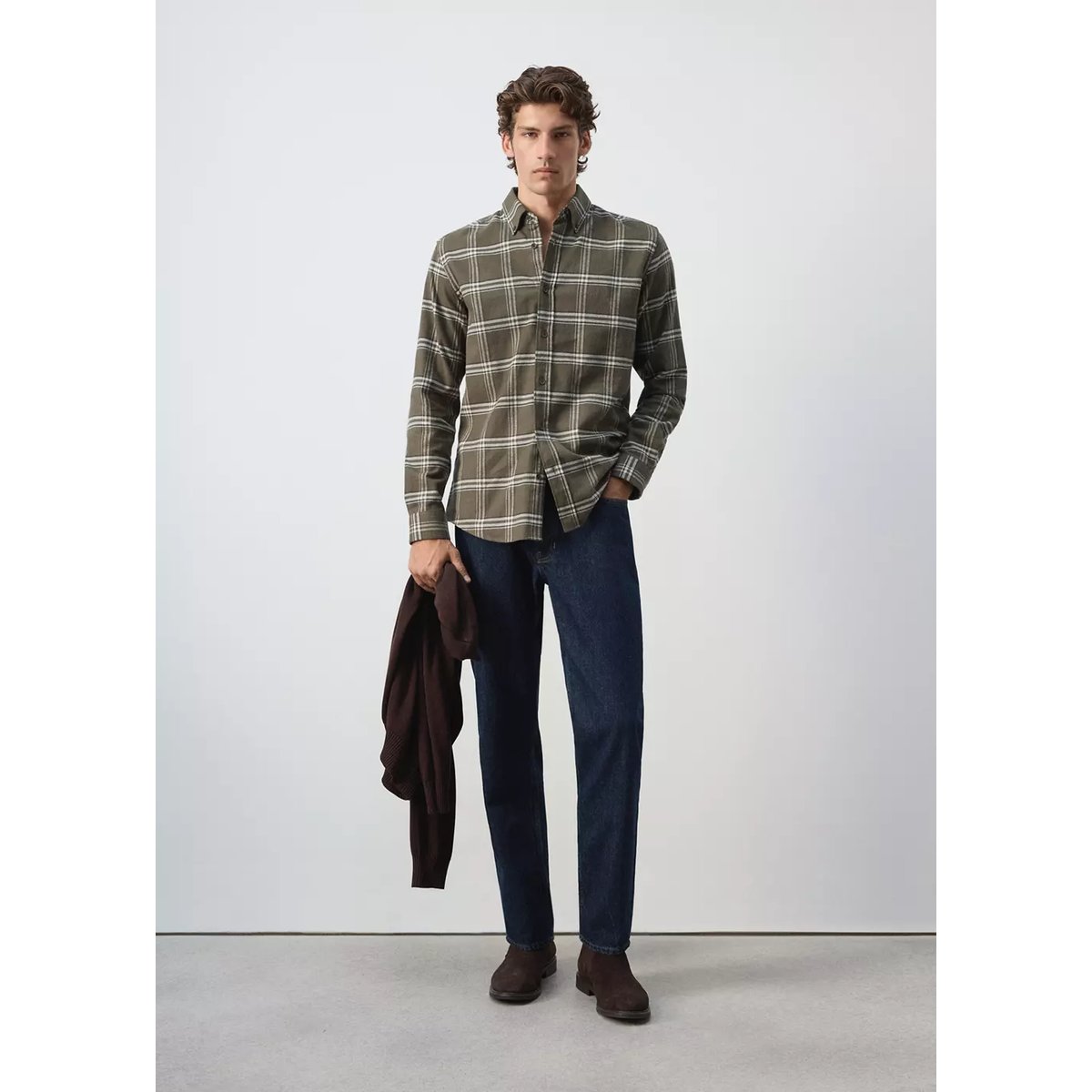 Chemise 100 % coton flanelle carreaux kaki, MANGO MAN