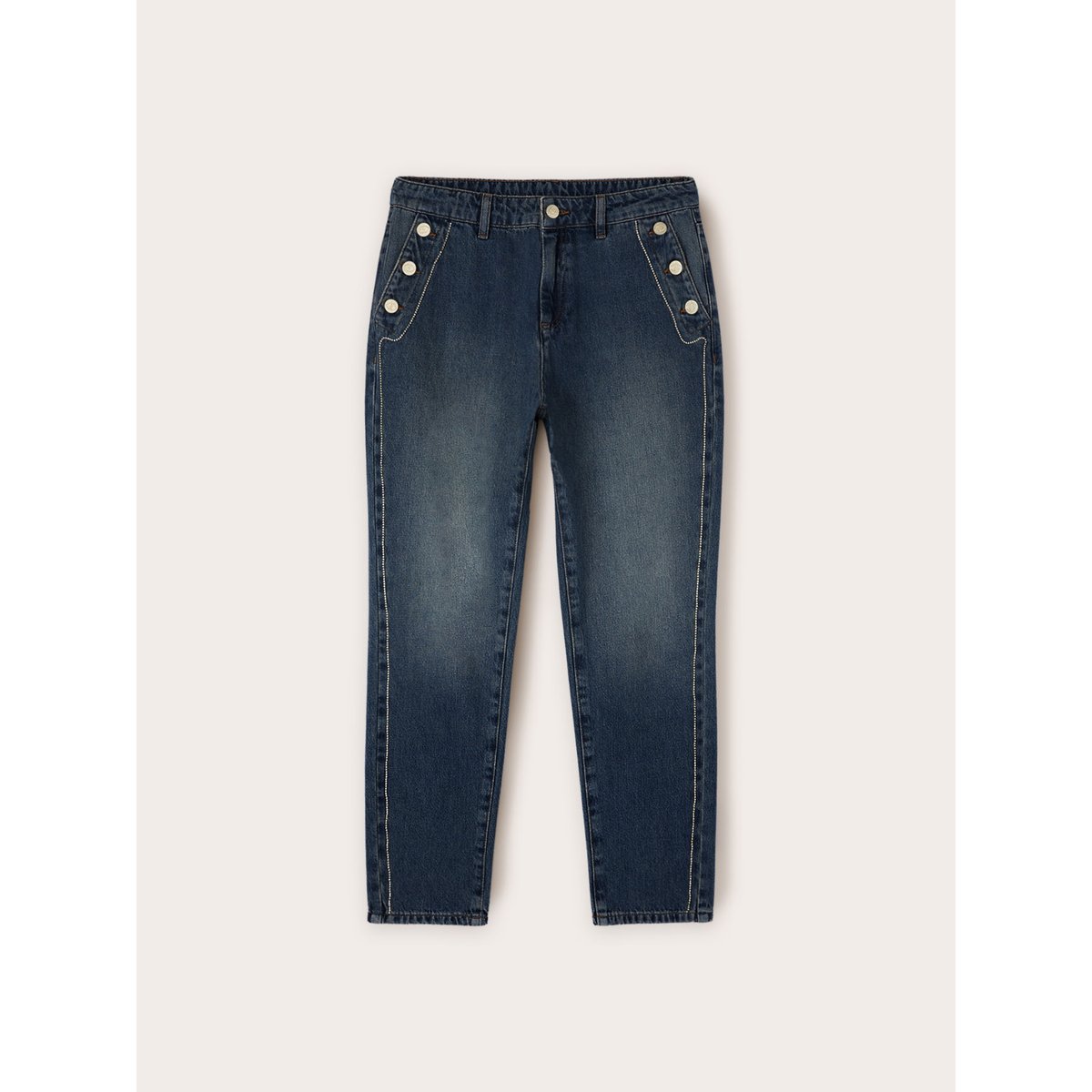 Jean avec motif bouton et chaîne en métal bleu, MOTIVI