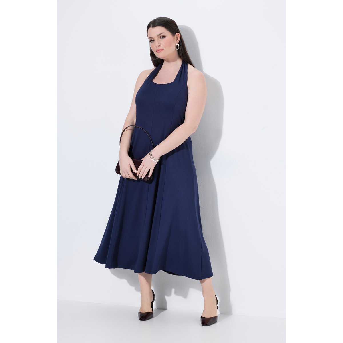 Robe dos en point de Rome, décolleté carré marine, ULLA POPKEN