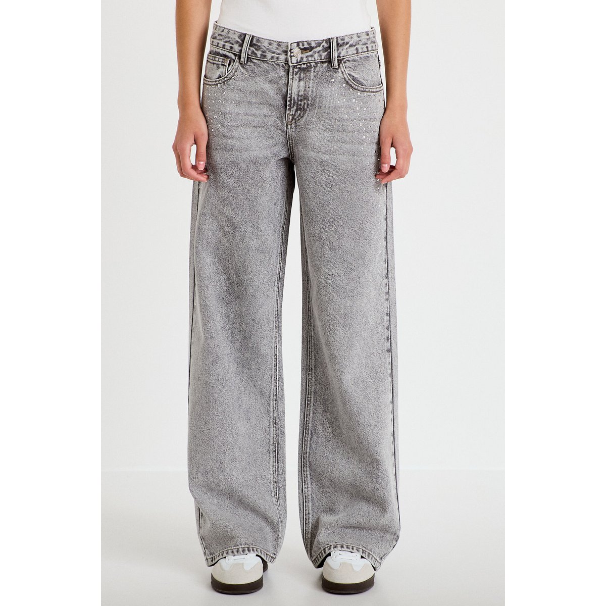 Jean wide leg taille basse strass denim gris, CACHE CACHE