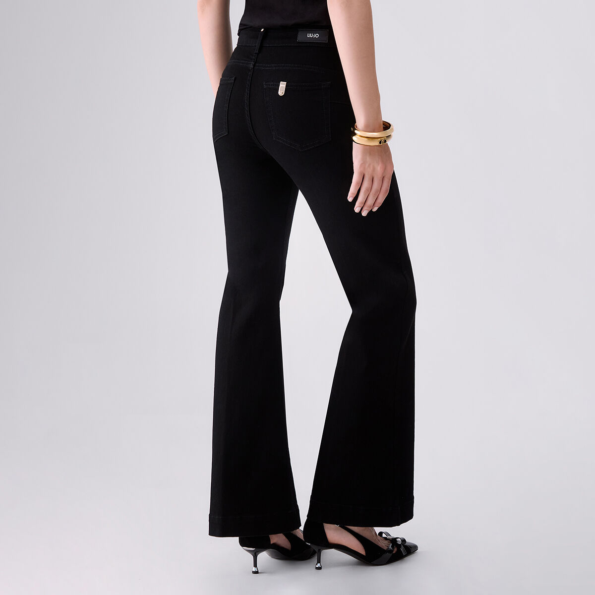 Jean flare avec boutons bijou denim noir, LIU JO