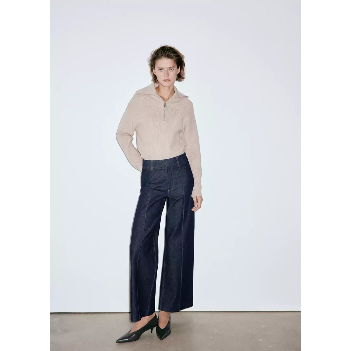 Jean large taille haute à coutures bleu, MANGO