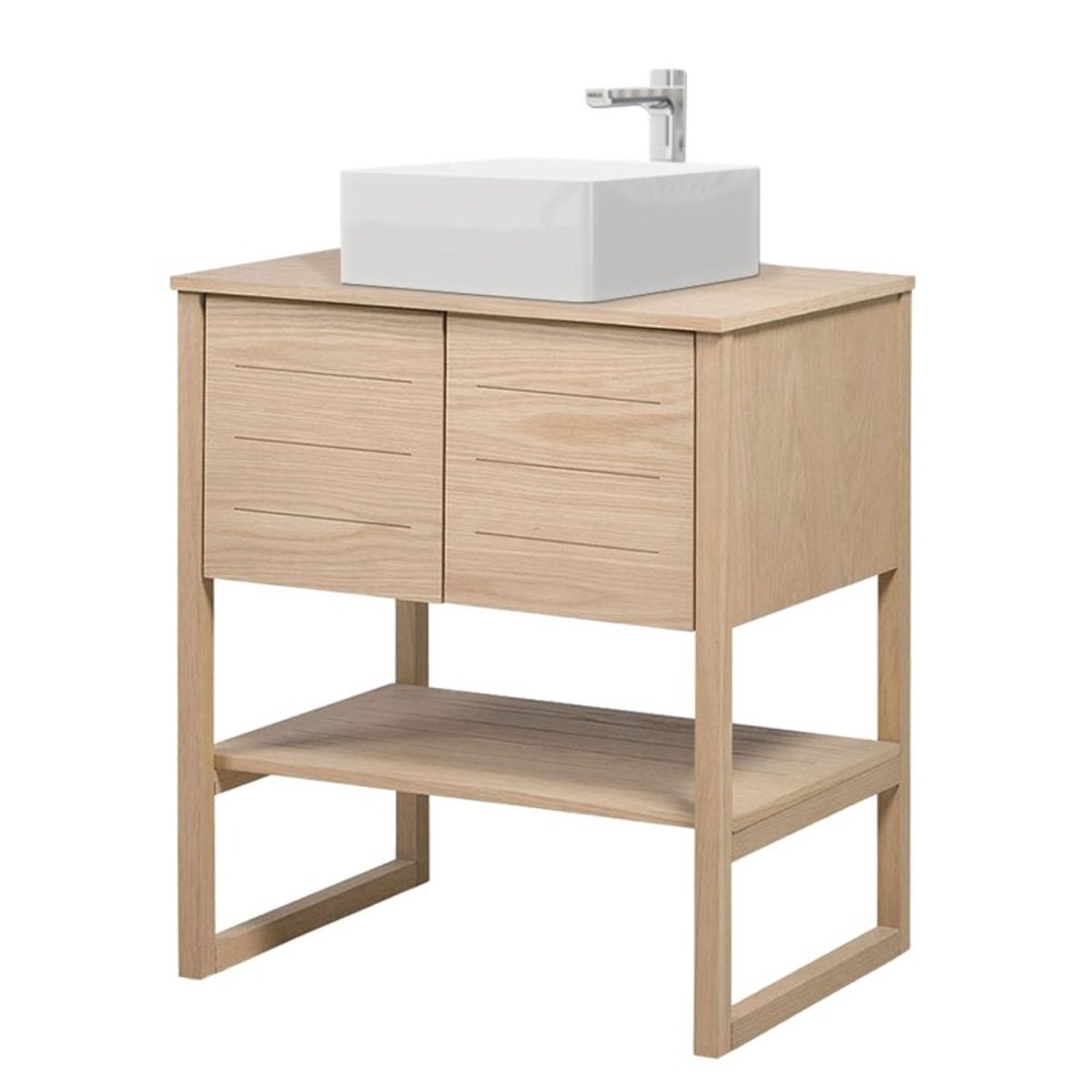 Meuble 70cm chêne vasque carrée blanche robinet chromé ATOLL couleur unique, MOB IN