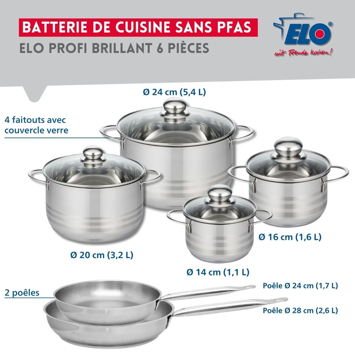 2 poêles 24/28cm + 4 faitouts 14/16/20/24cm PROFI BRILLANT gris, ELO