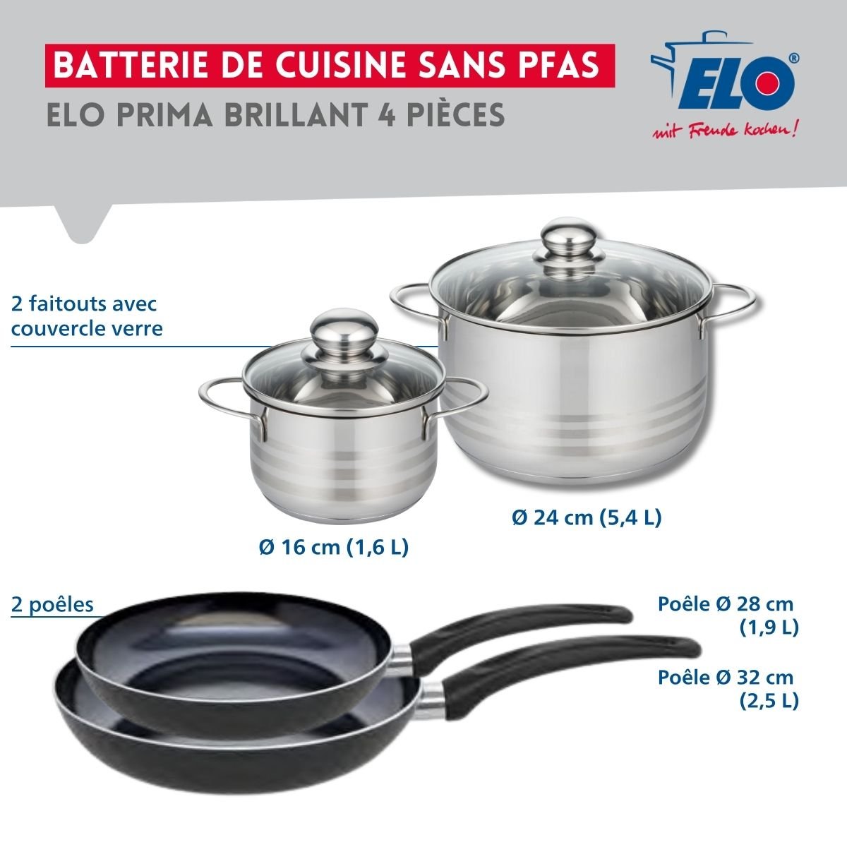 Batterie 2 poêles 28/32cm + 2 faitouts 16/24cm PRIMA BRILLANT noir, ELO