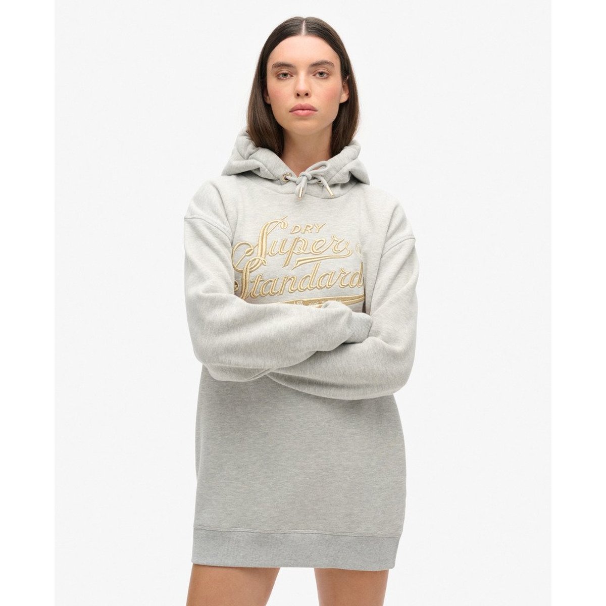 Robe à capuche et logo métallisé Luxe pierre ponce beige chiné, SUPERDRY