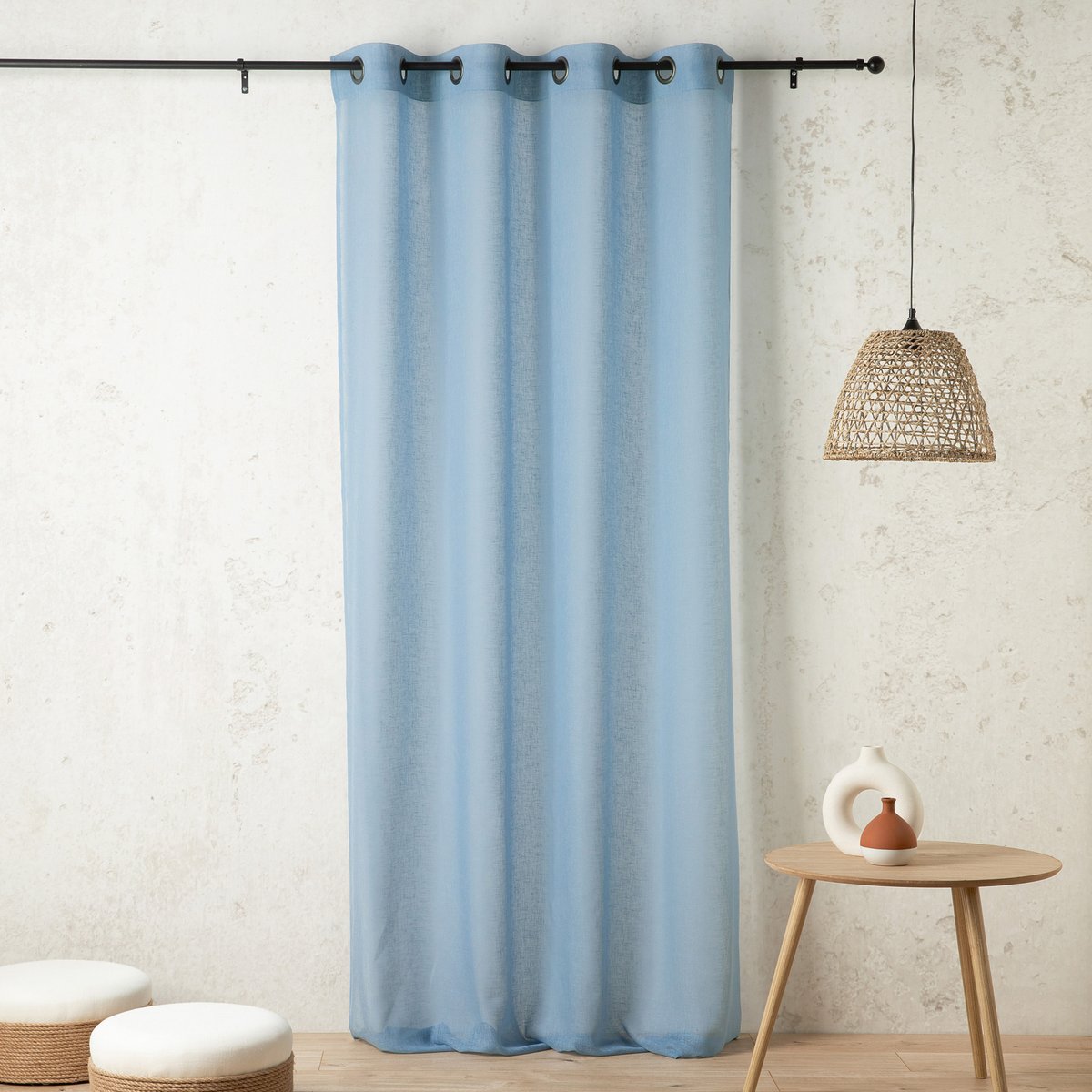 Voilage uni et tamisant en poly/lin bleu ciel, LINDER