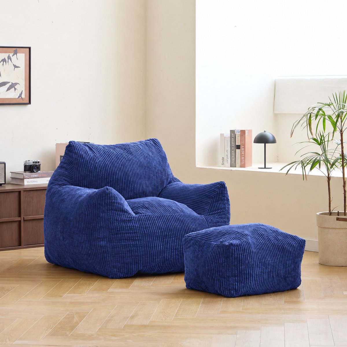 Pouf de salon et repose pieds, velours côtelé, SABY bleu, NORDLYS
