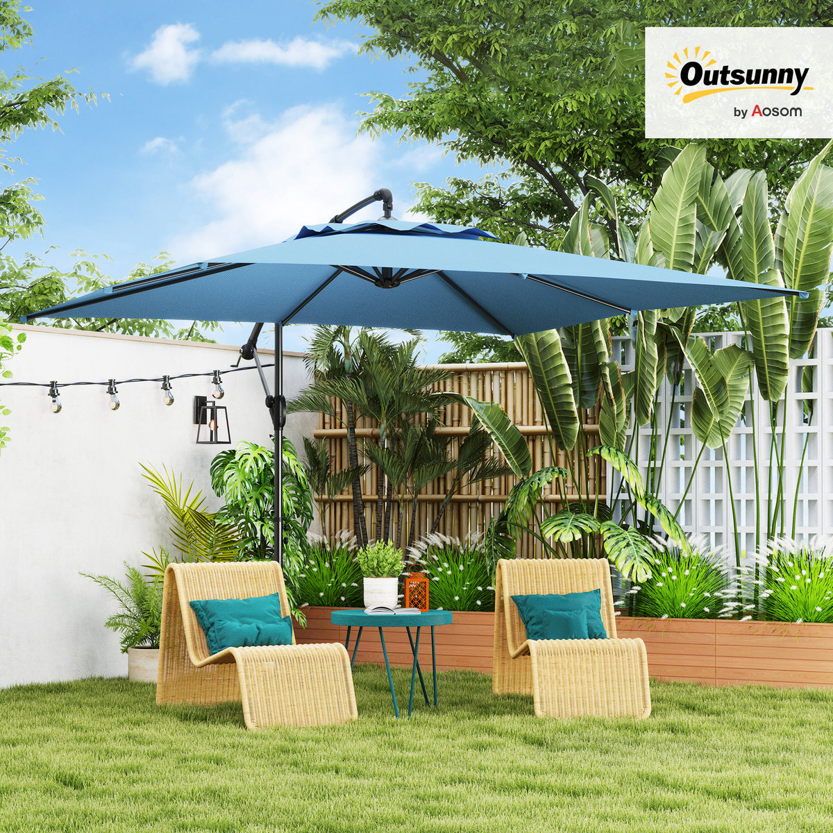 Parasol de terrasse à pied déporté Polyester bleu, OUTSUNNY