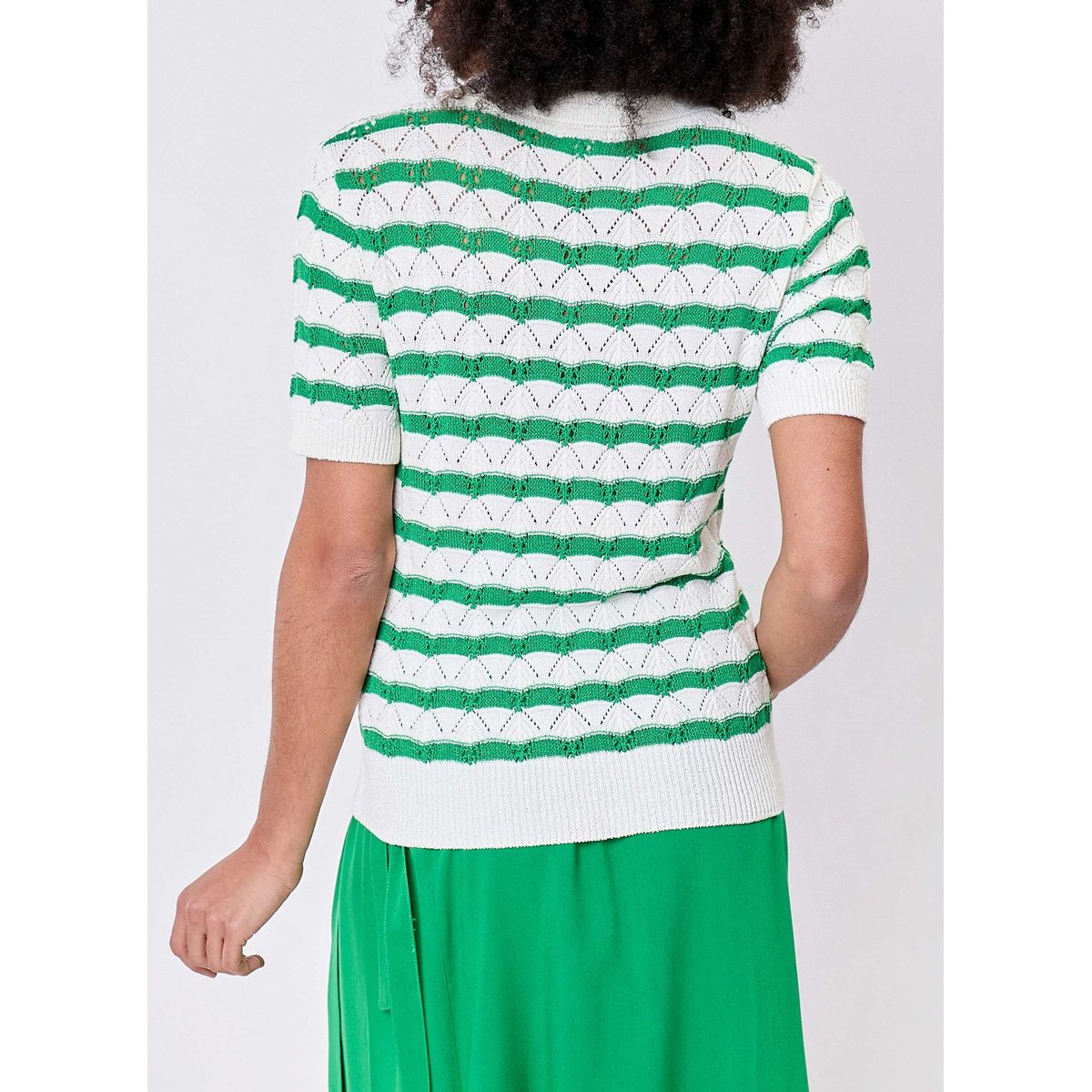 Polo maille fantaisie à rayures BLANCHE vert et blanc, PRINCESSE NOMADE